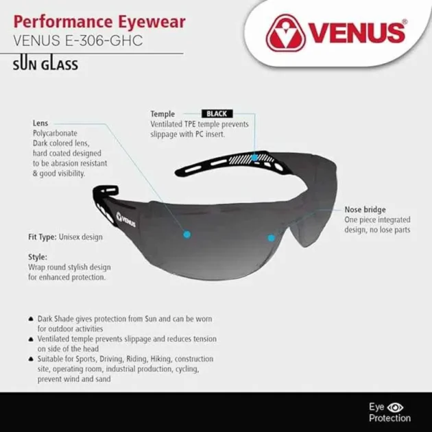 Venus E-306-GHC Dark Lens Polycarbonate Full Rim Safety Goggles with Anti Fog, UV Protection & Anti Scratch, 21090 - Image 2