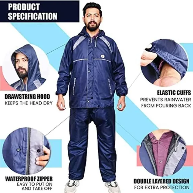 AllExtreme Navy Blue Adjustable Drawstring Men Rain Suit with Pants - Image 2