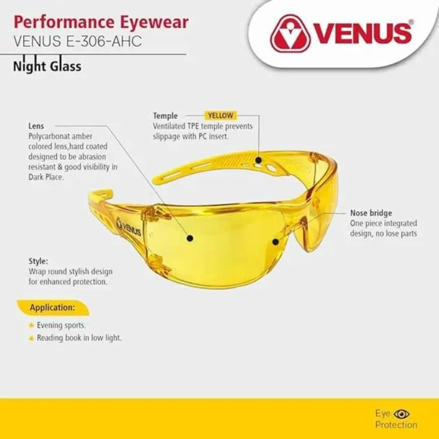 Venus E-306-AHC Amber Lens Polycarbonate Full Rim Safety Goggles - Image 2