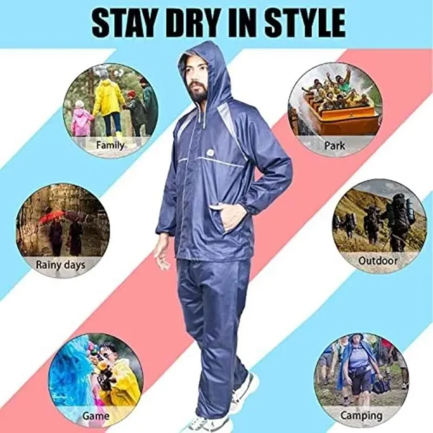 AllExtreme Navy Blue Adjustable Drawstring Men Rain Suit with Pants - Image 3
